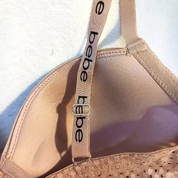 bebe Bustier 38C Lace Fringe Bra CHAMPAGNE DUSK Lace Trim Edge w Sporty Straps - Picture 7 of 13